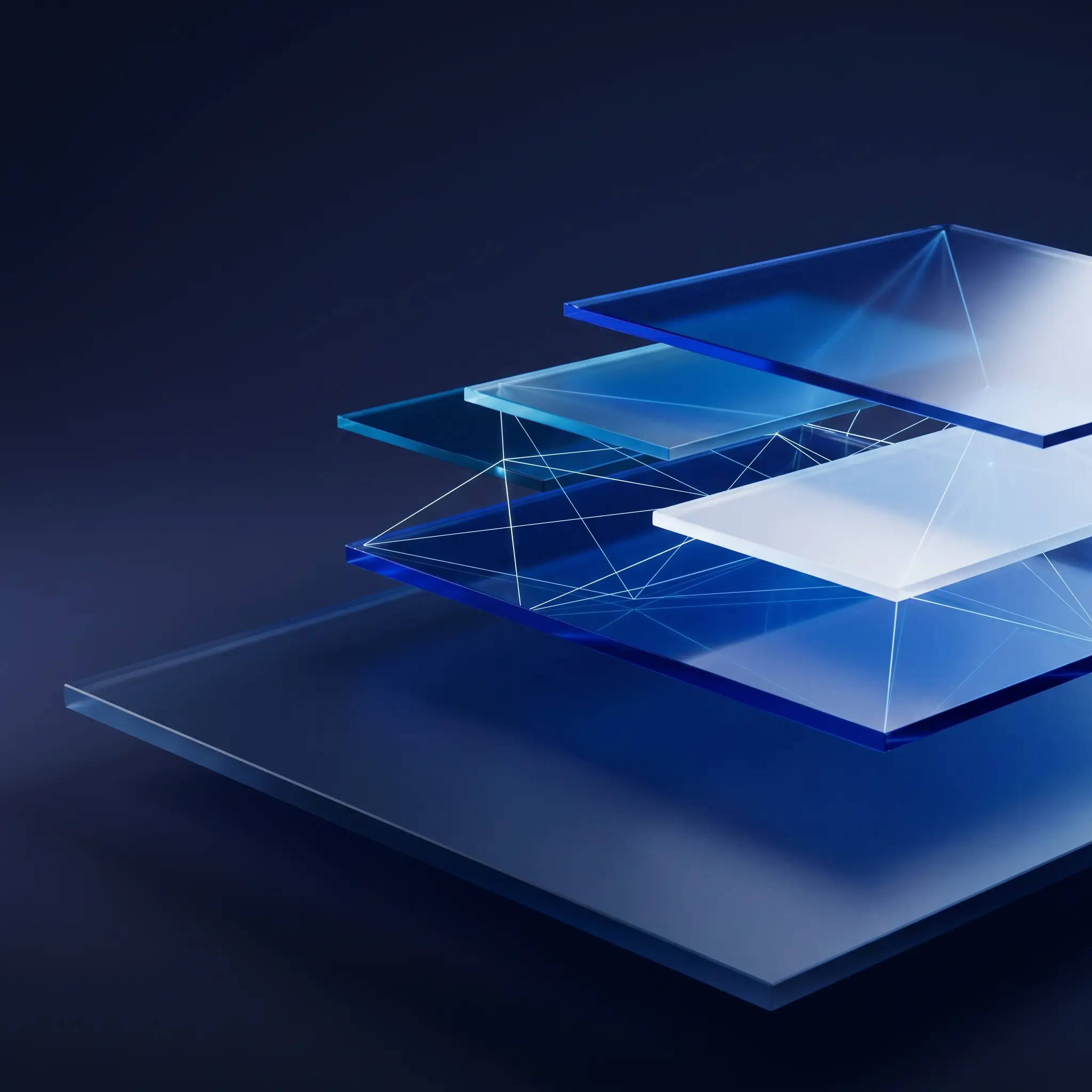 Abstract layered planes connected by thin lines representing cloud platform infrastructure, in blue.